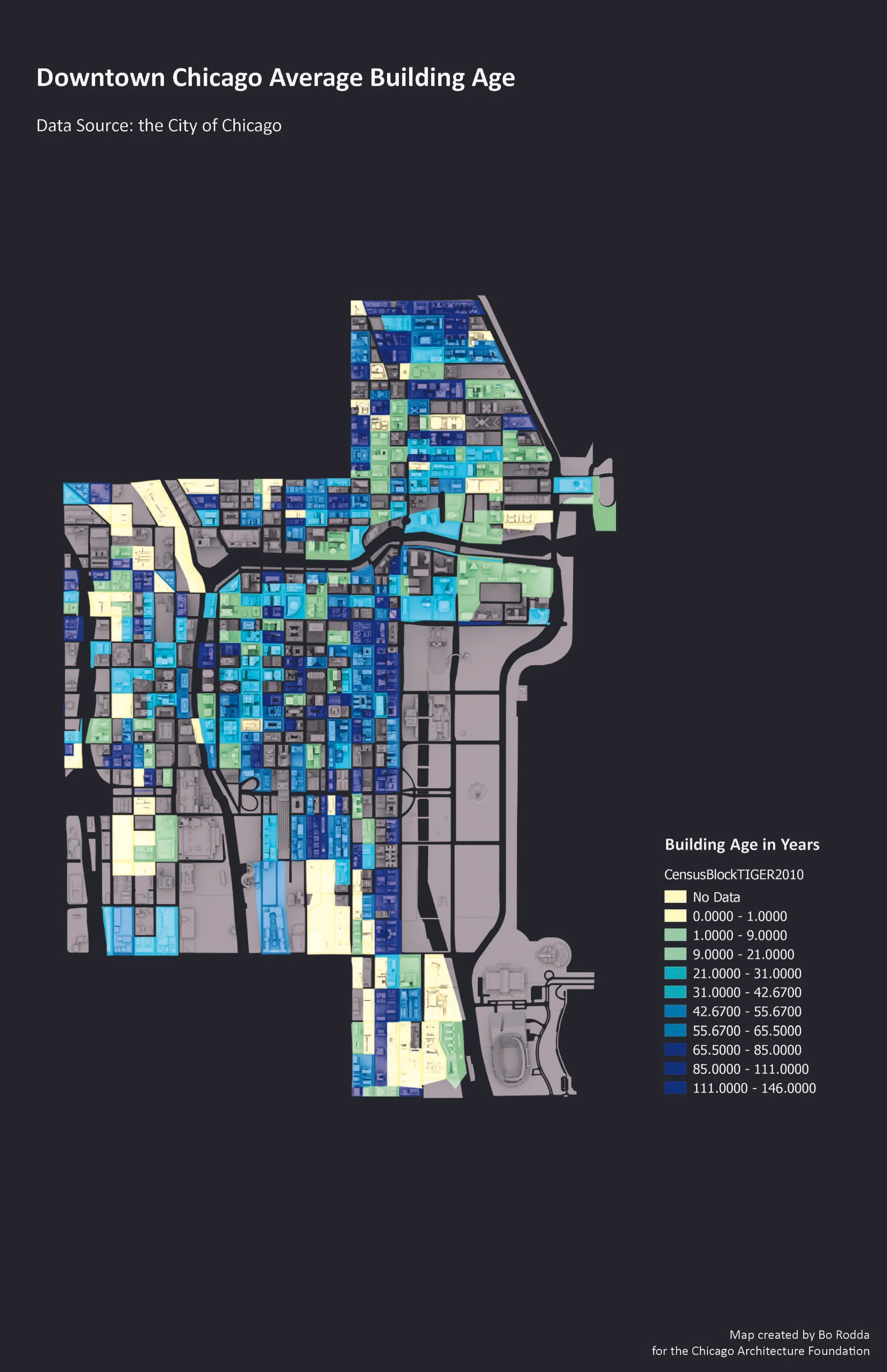 City of Big Data Maps: Chicago building-age data rendered as a 96-by-96-inch fabric print for the Chicago Architecture Foundation's City of Big Data exhibition.
