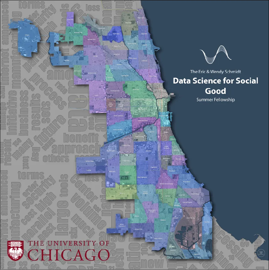 DSSG map: Chicago open-data visualization for the Data Science for Social Good Fellowship, 96-by-96-inch fabric print
