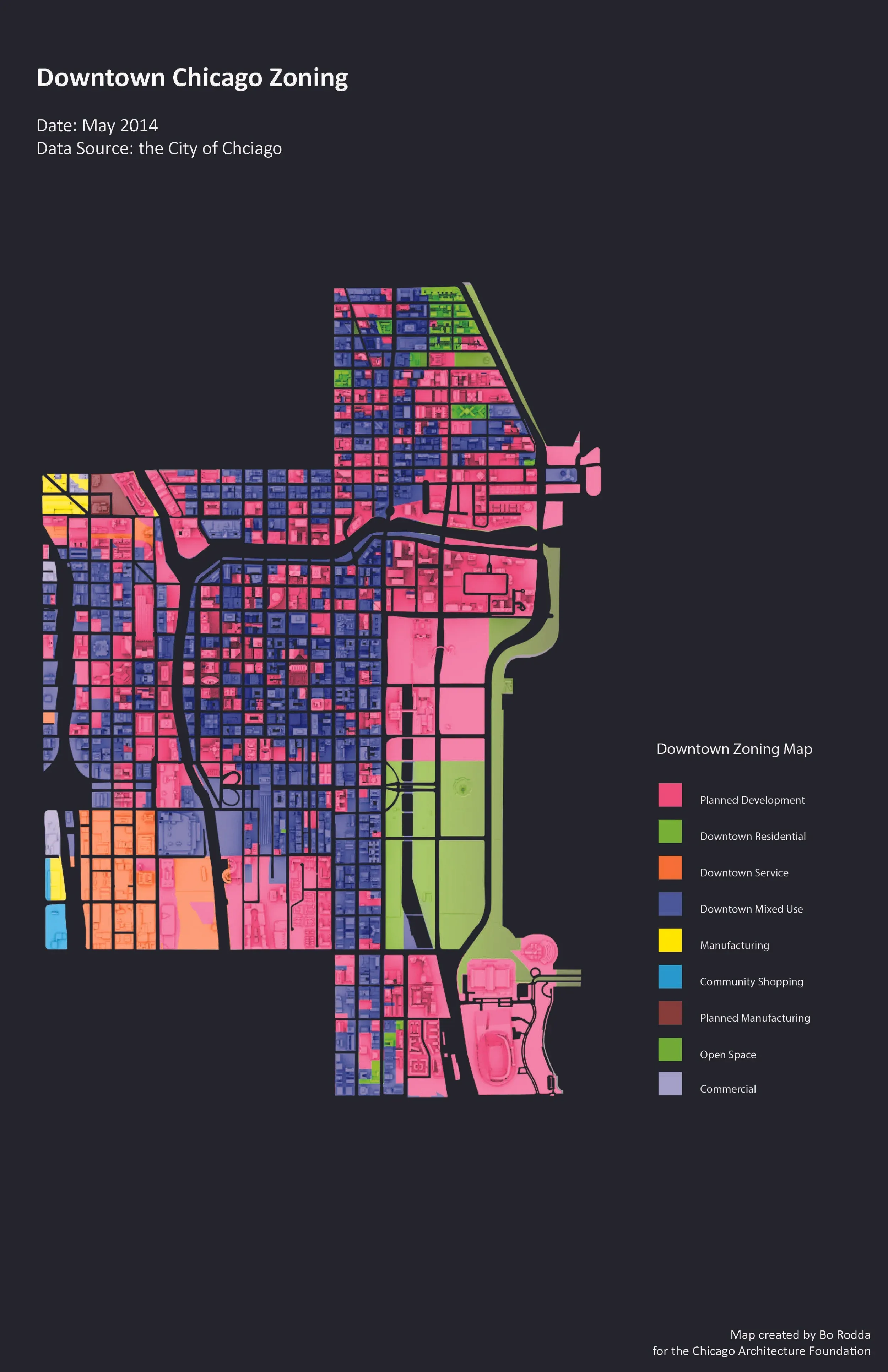 Downtown zoning map: Chicago zoning categories rendered for exhibition print
