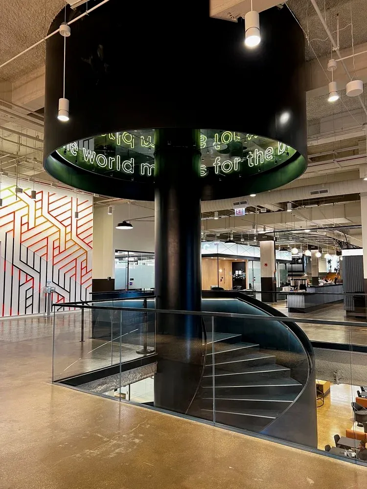 The stair landing in context, integrated into the Old Chicago Post Office's interior architecture.