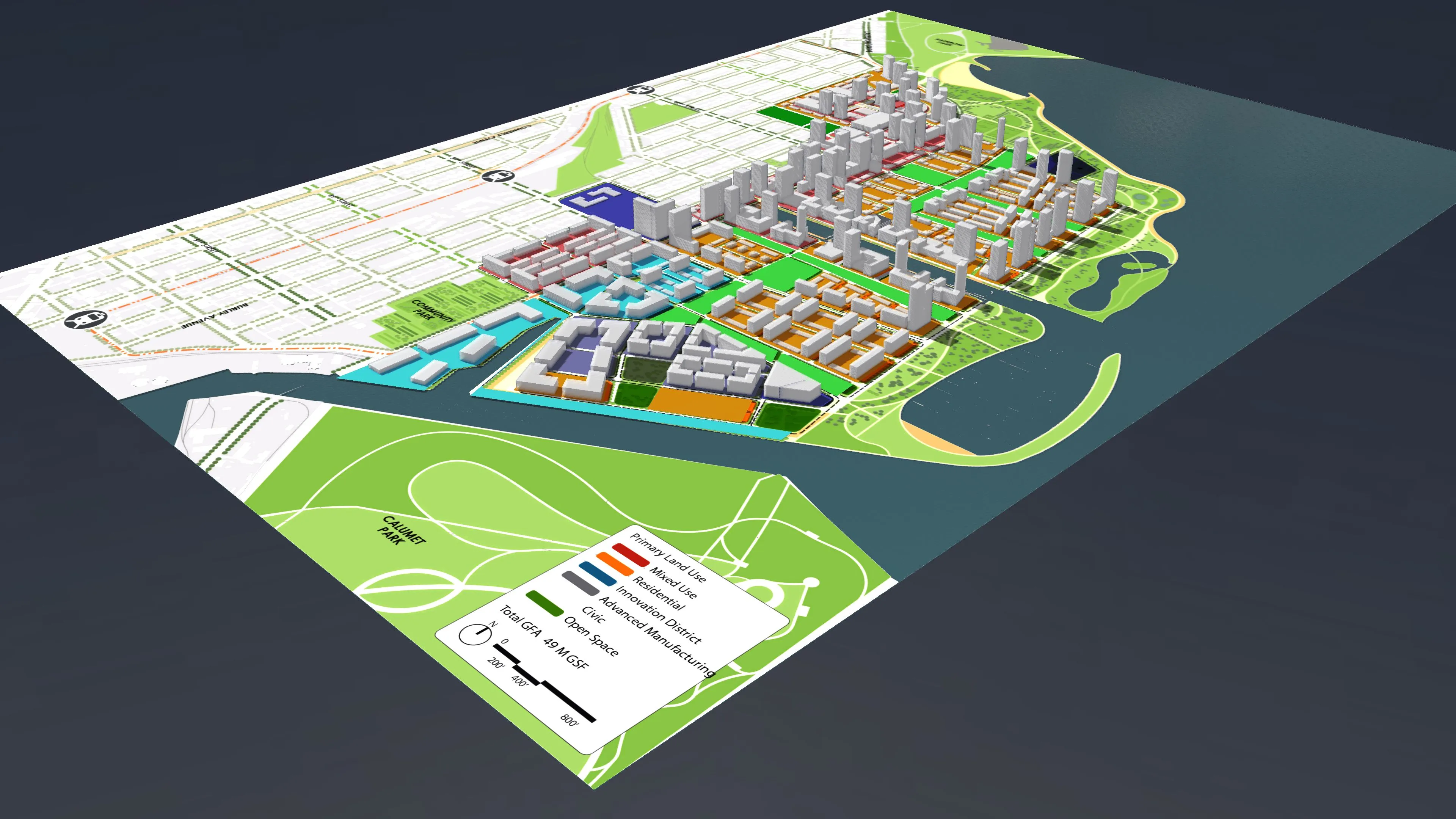 LakeSIM data visualization overlay on the Chicago Lakeside Development site plan